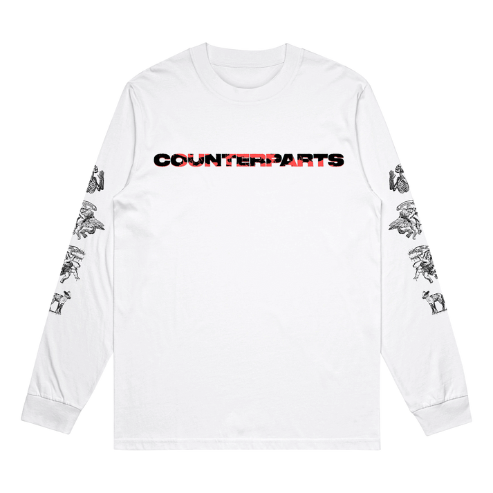 a white long sleeved shirt with black text